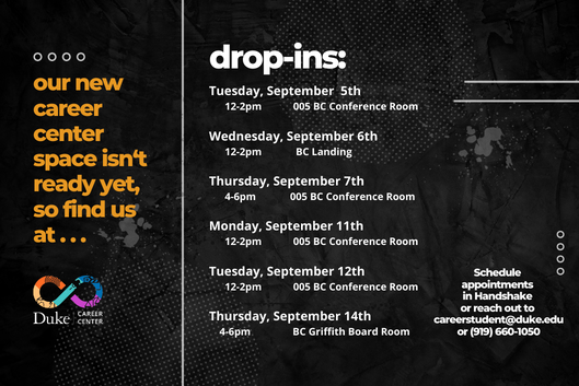 Flyer showing the Career Center drop-in schedule for two weeks.